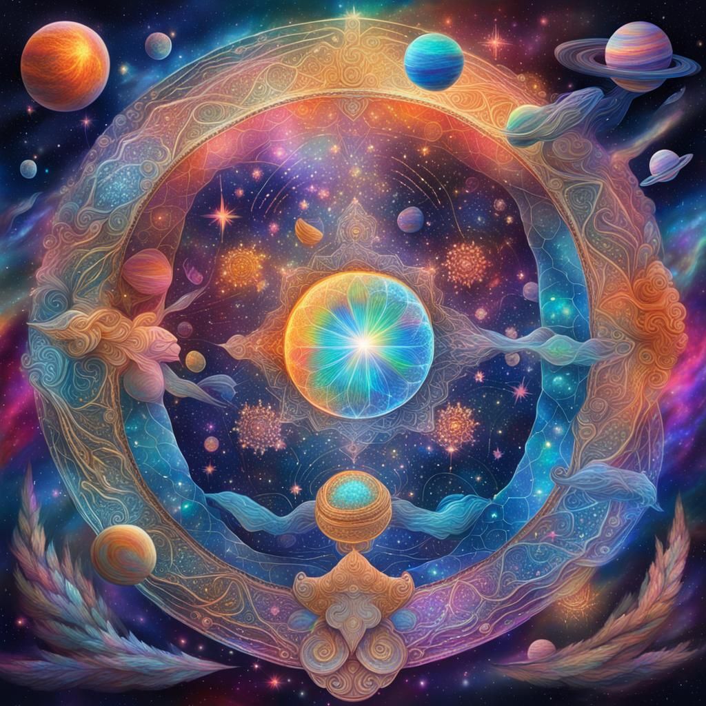 Cosmic Friendship and Love Illustration in Holographic Style