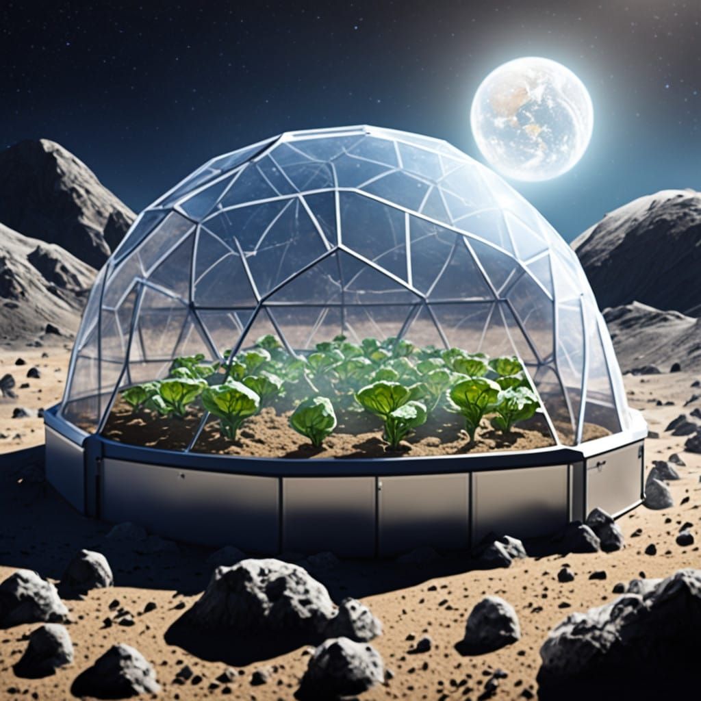 Lunar Geodesic Dome with Earth and Growing Lettuces