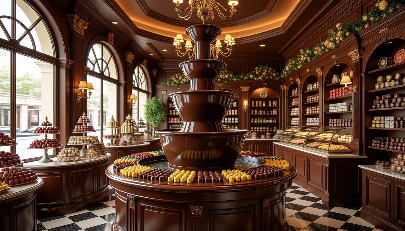 Decadent Chocolate Store with Massive Fountain