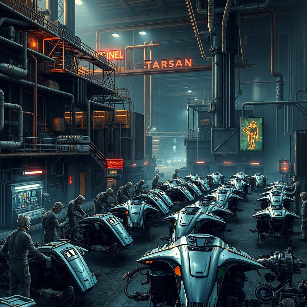 Industrial Swoop Bike Factory in a Futuristic Cityscape