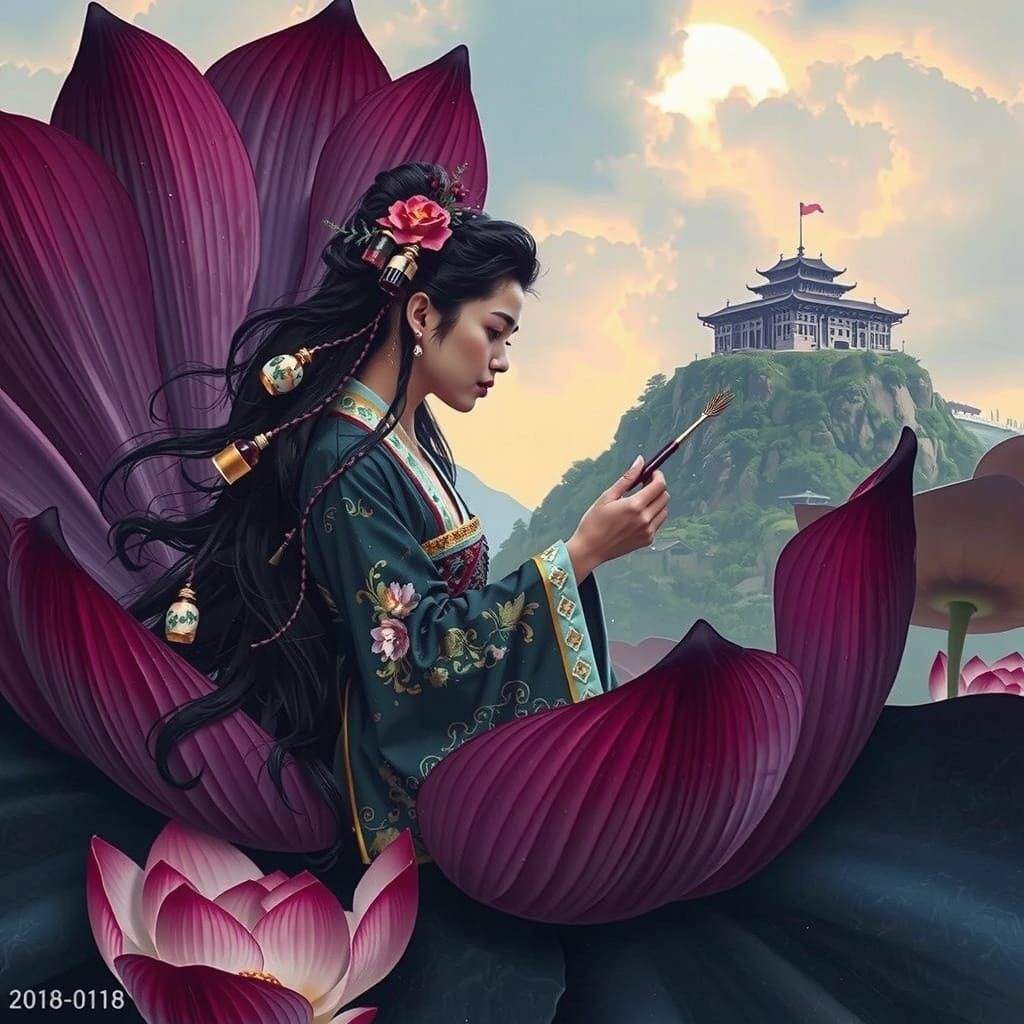 Ethereal Chinese Maiden Ascends from Lotus in Pre-Raphaelite...