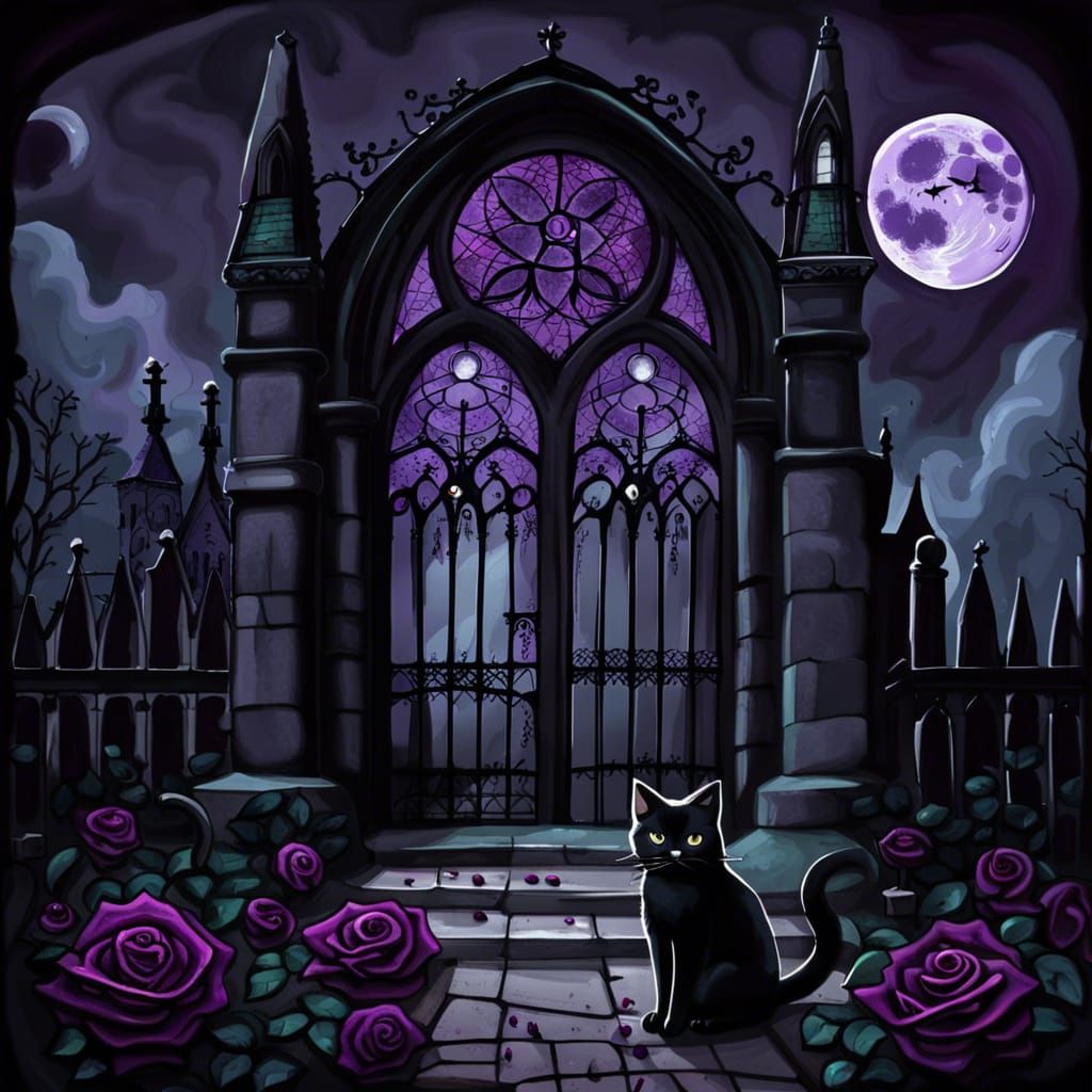 Gothic Church with Black Cat Under Full Moon