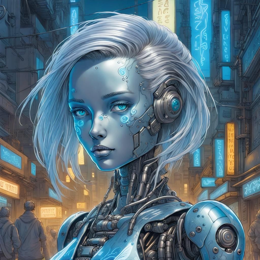 Cyberpunk Robot Portrait with Silver Hair