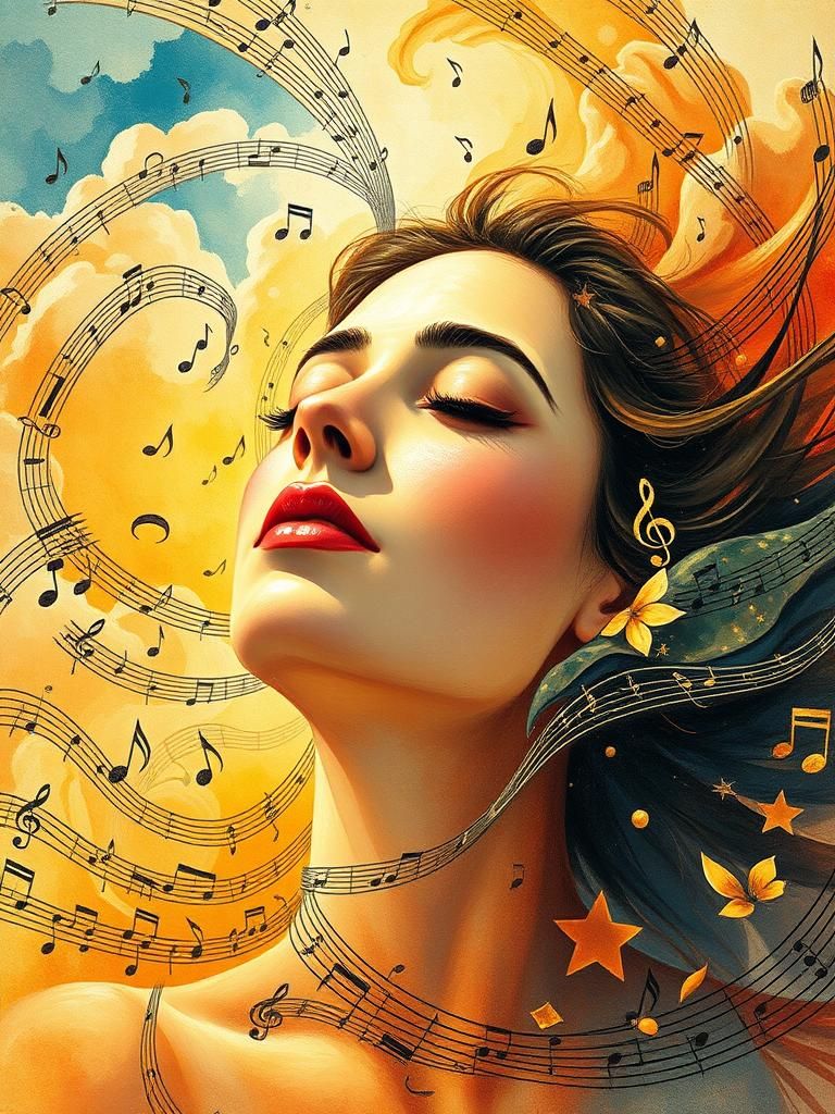 Rhapsodic Woman Surrounded by Swirling Melodic Waves