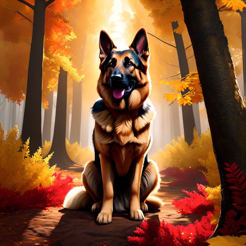 German Shepherd in Fiery Autumn Forest