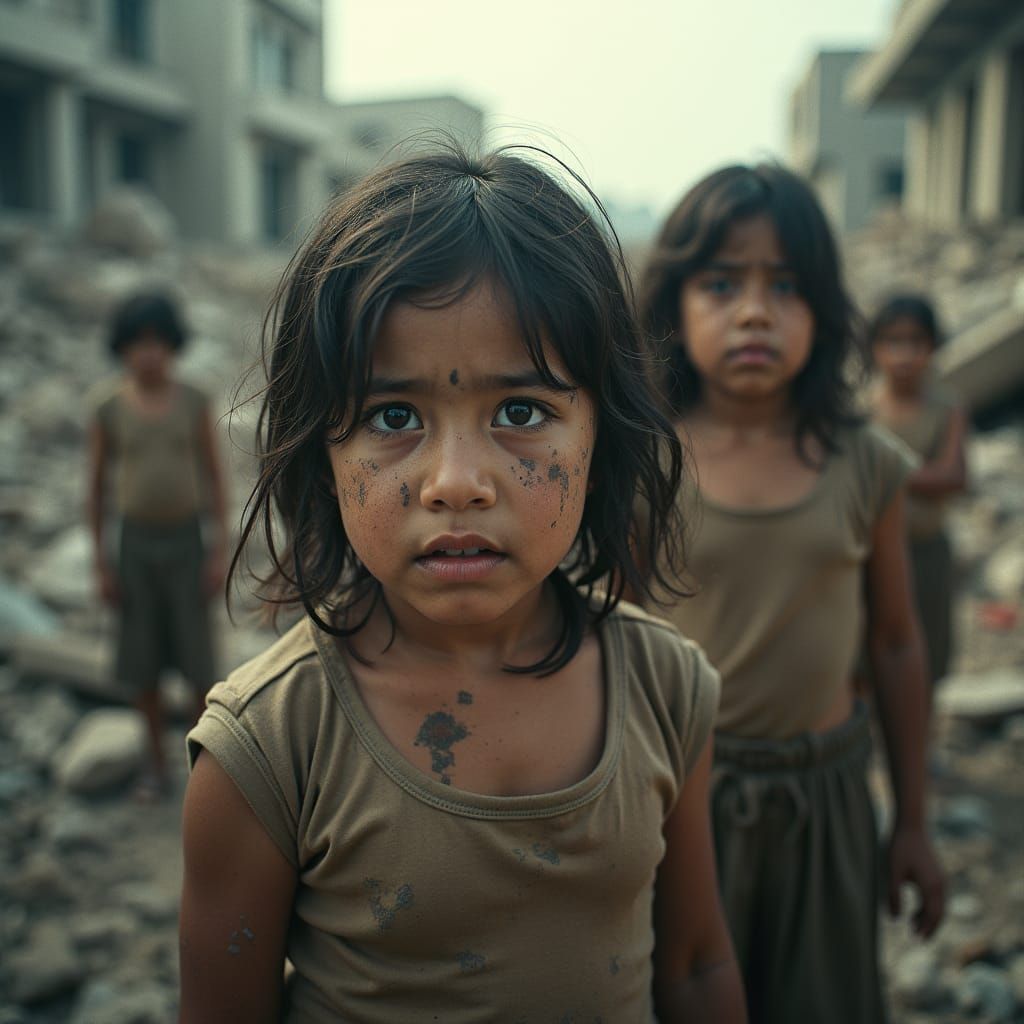 War-Torn Children in Ruins: Cinematic Still