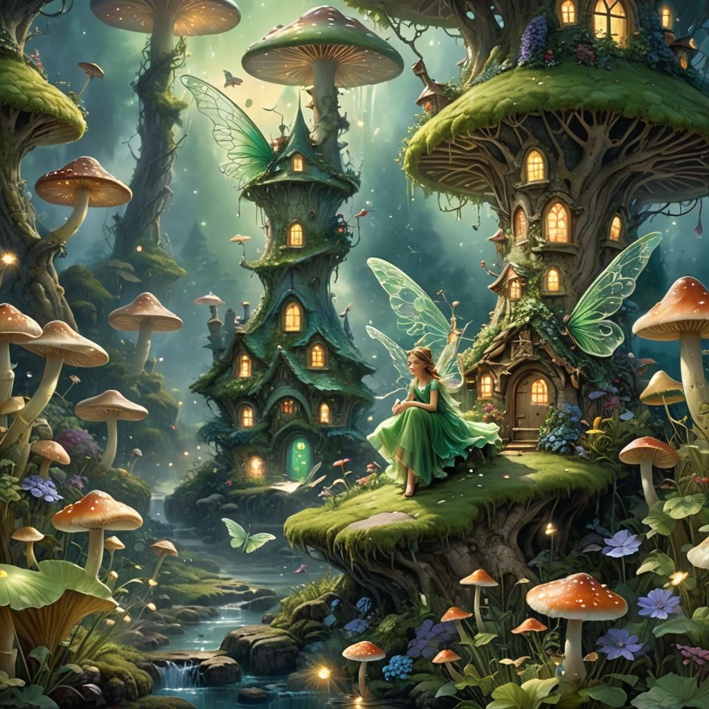 Enchanted Fairy in Magical Forest, Kinkade Style