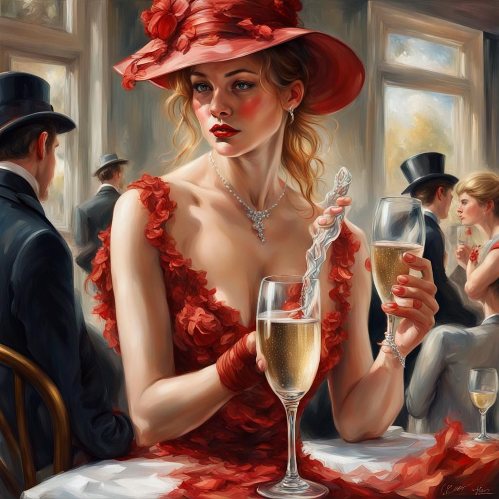 Sensual Woman in Red Dress, Renoir Style