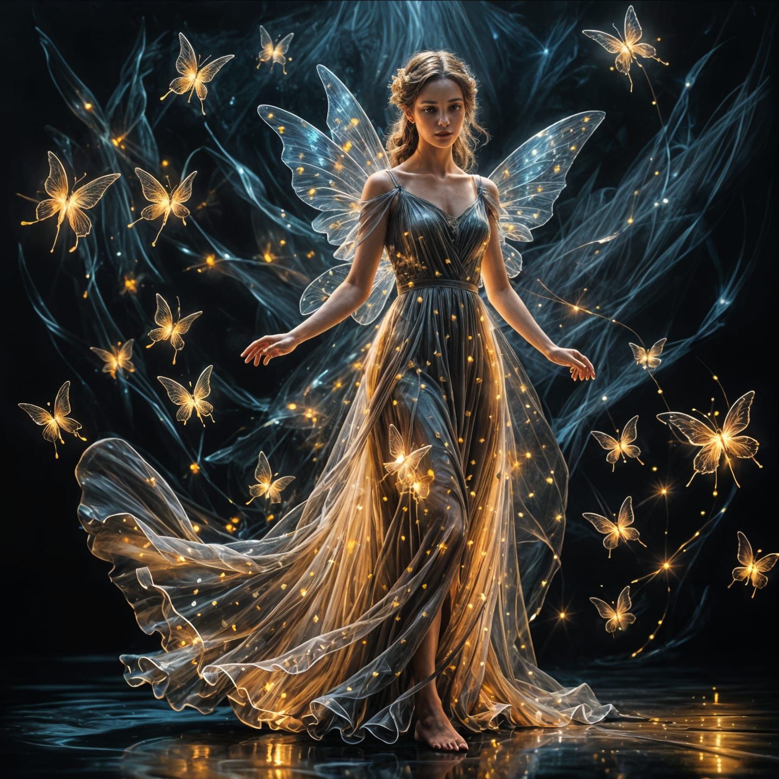 Glowing Fairy in Long Dress: Hyperrealistic 3D Render