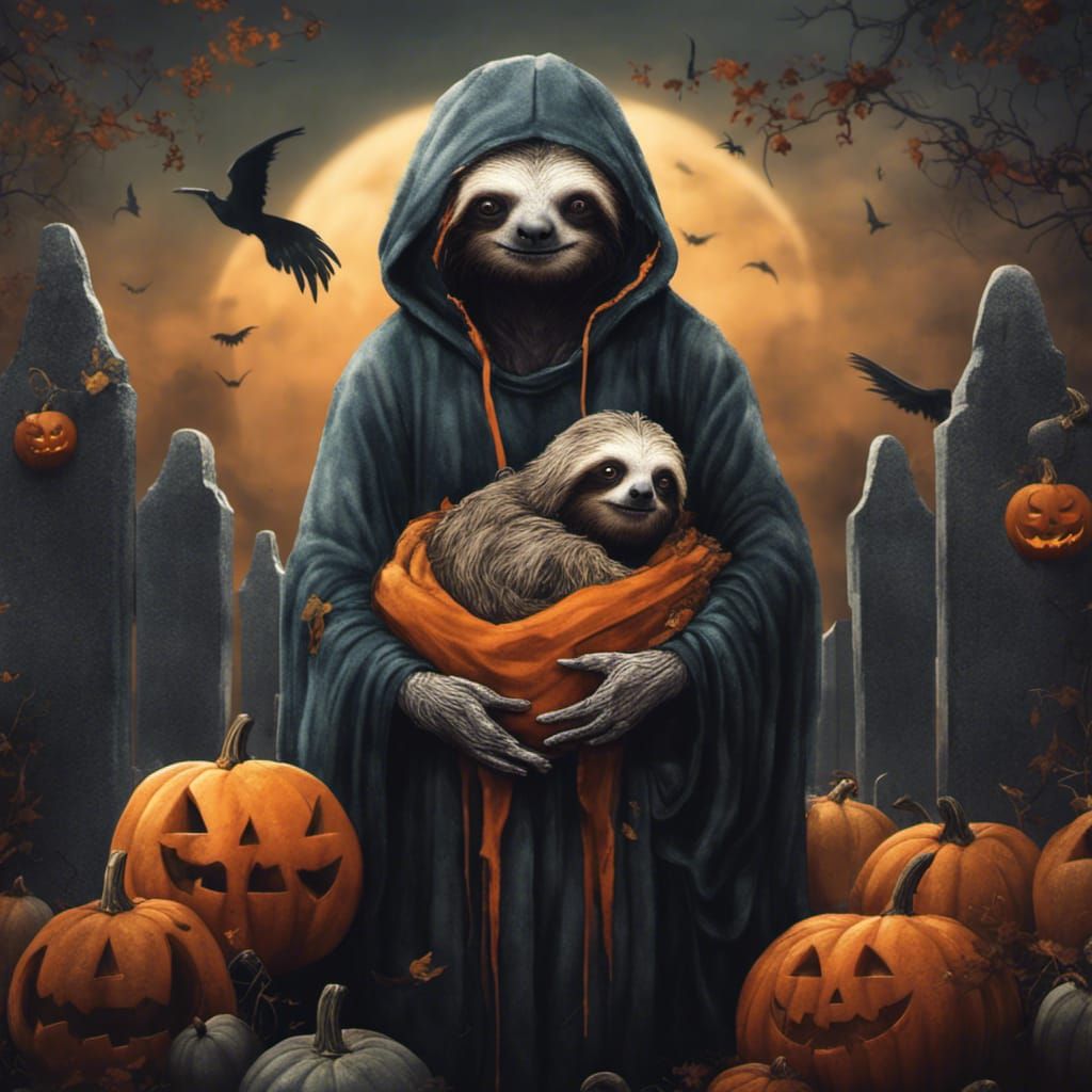 Sloth as Death in Cemetery with Pumpkins