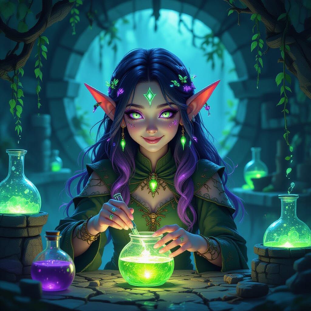 Corrupted Elf Girl in Bioluminescent Alchemy Lab
