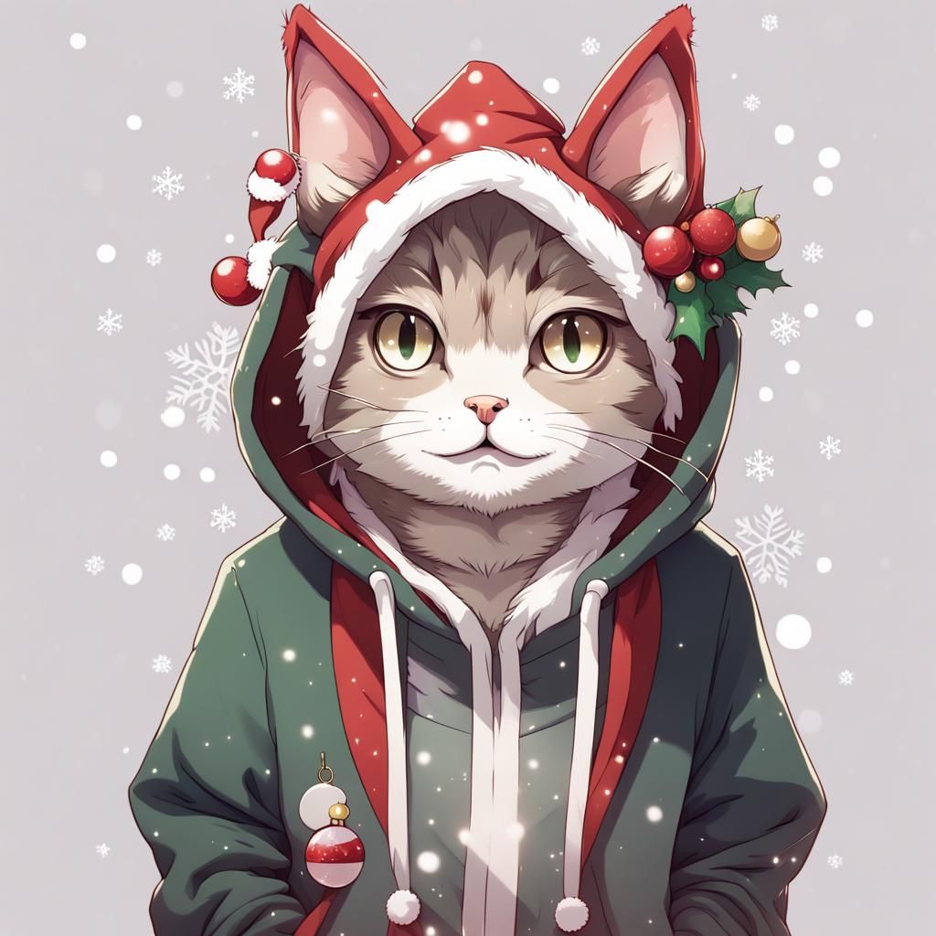Festive Anime Cat in Christmas Hoodie