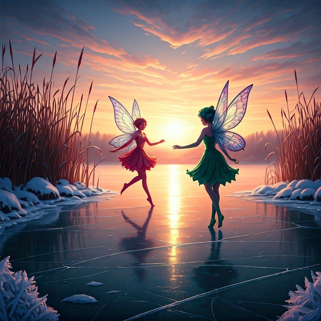 Fairies Dancing on Frozen Pond at Sunset