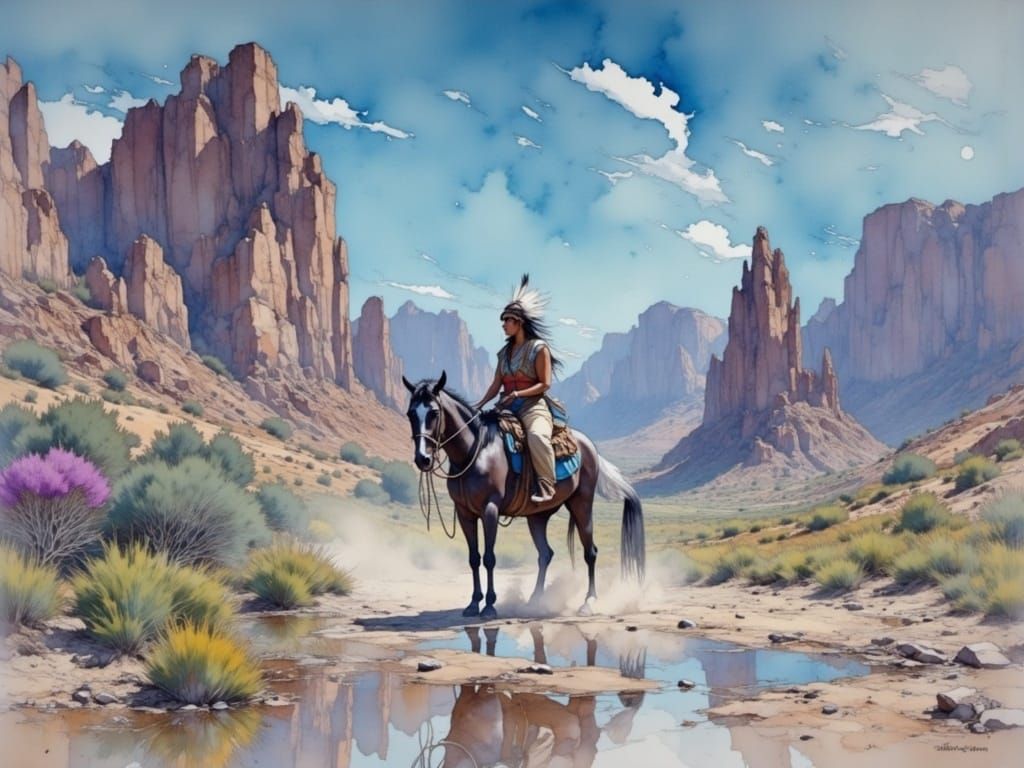 Native American Rider in Arizona Creek, Comic Book Art