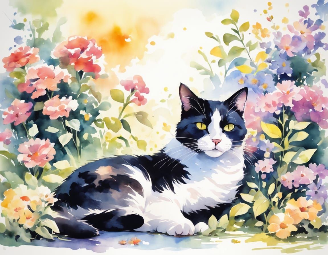 Vibrant Watercolor Scene of Happy Black Cat in Sunlit Garden