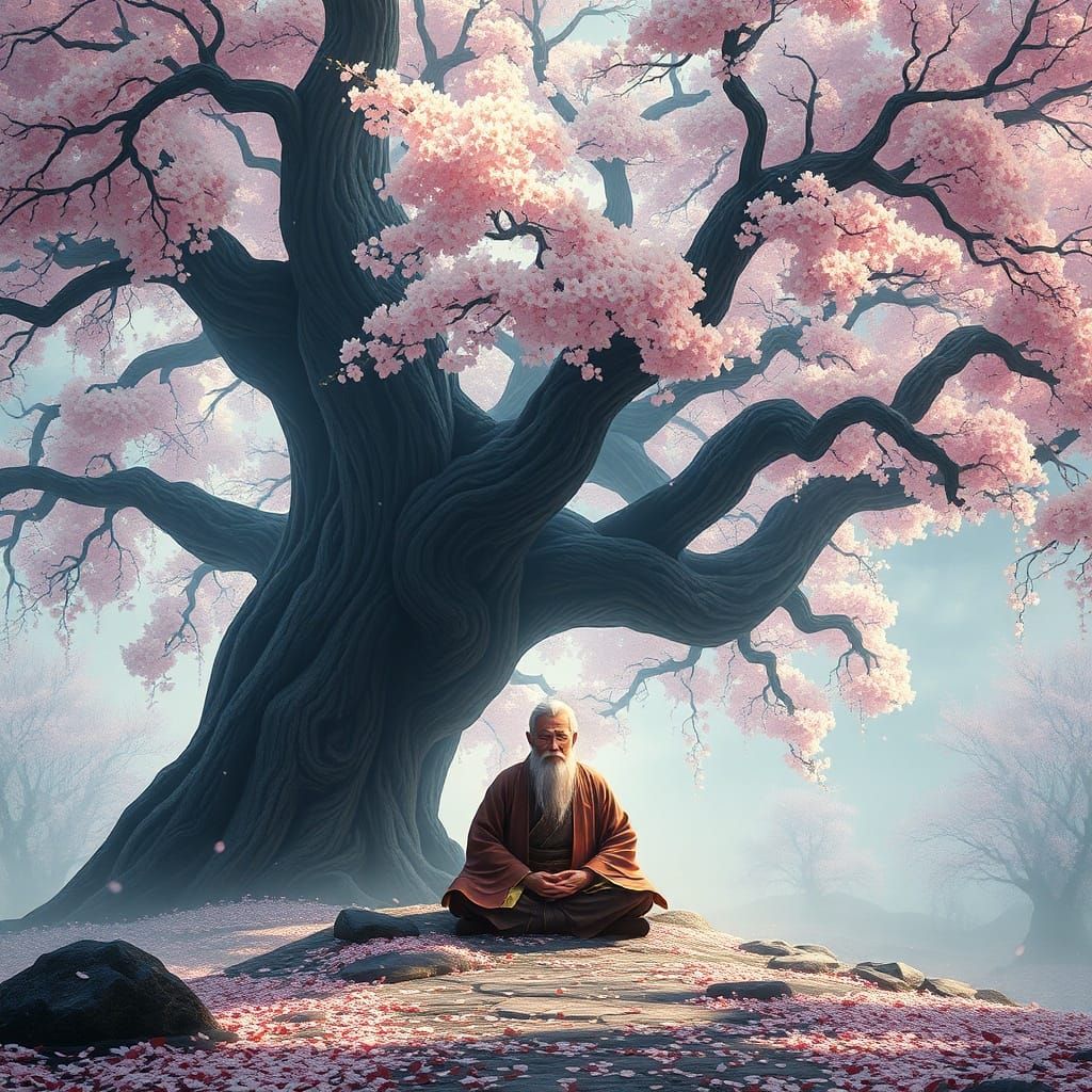Samurai Meditating Under Cherry Blossom Tree in Enchanted Fo...