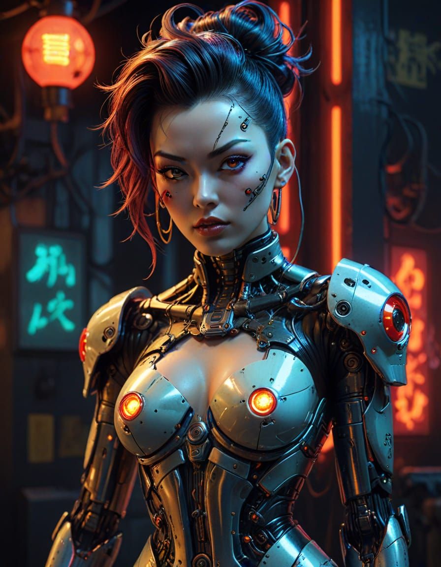 Japanese Cyberpunk Android in Pinup Style