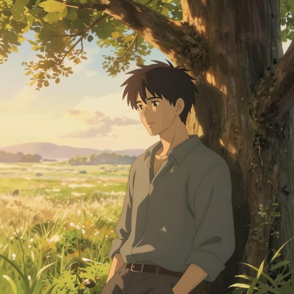 Anime Man Leans Against Ancient Tree in Golden Hour Grasslan...