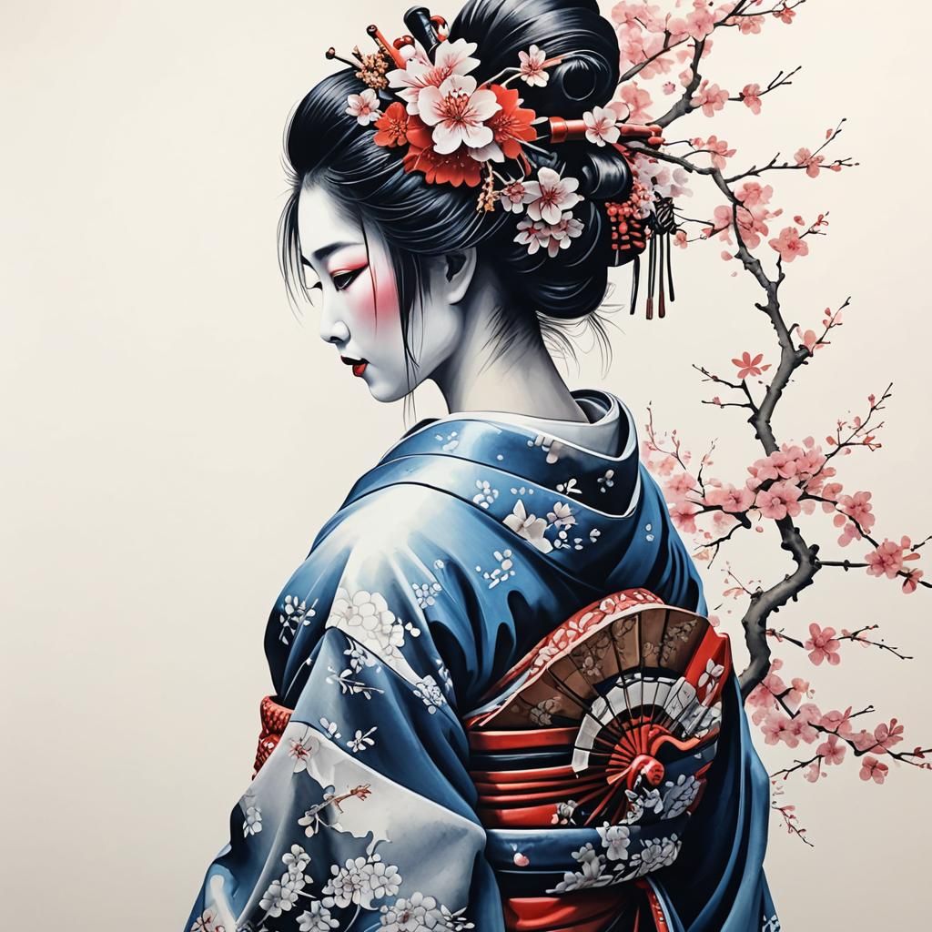 Geisha, 3d, japanese scenery, oil ink airbrushing