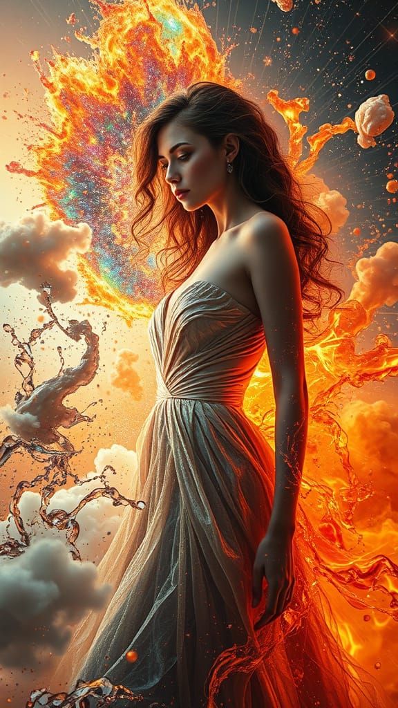 Surreal Female Figure in Digital Distortion with Elementals