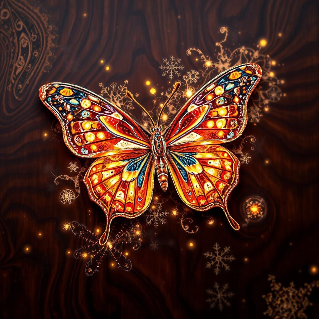 Surreal Wood Art Piece with Shimmering Butterfly in Fractal....