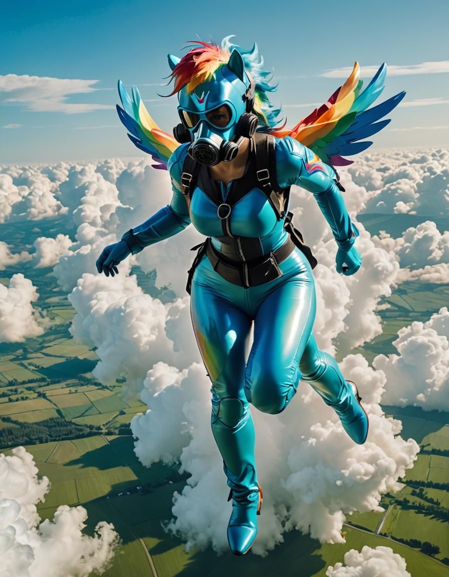 Human Rainbow Dash in Latex Catsuit Running on Cloud