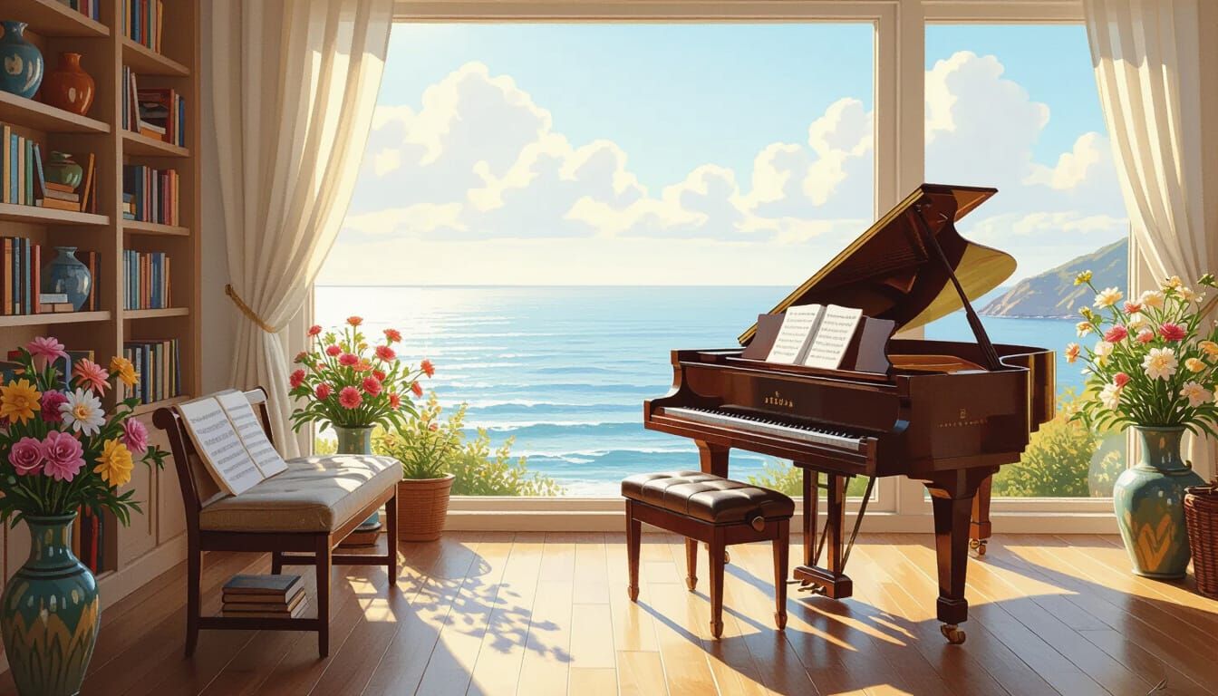 Sunlit Ocean Room with Grand Piano