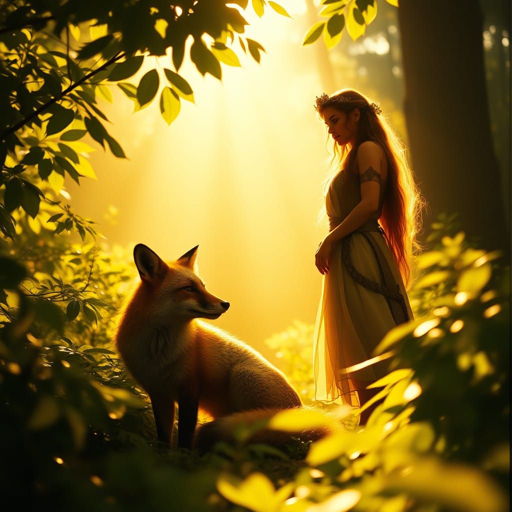 Majestic Fox and Serene Goddess in Lush Woodland