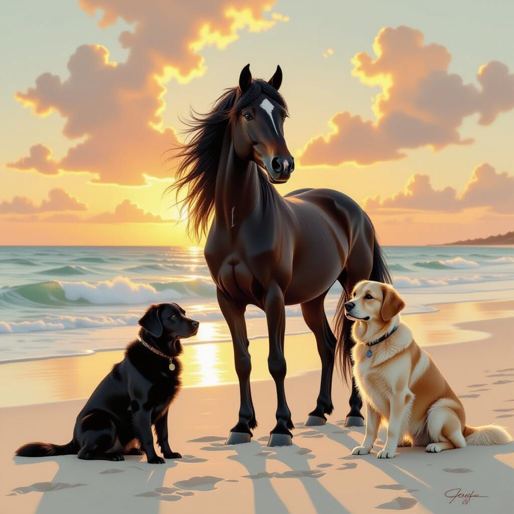 Arabian Mare with Dogs on Beach at Golden Hour