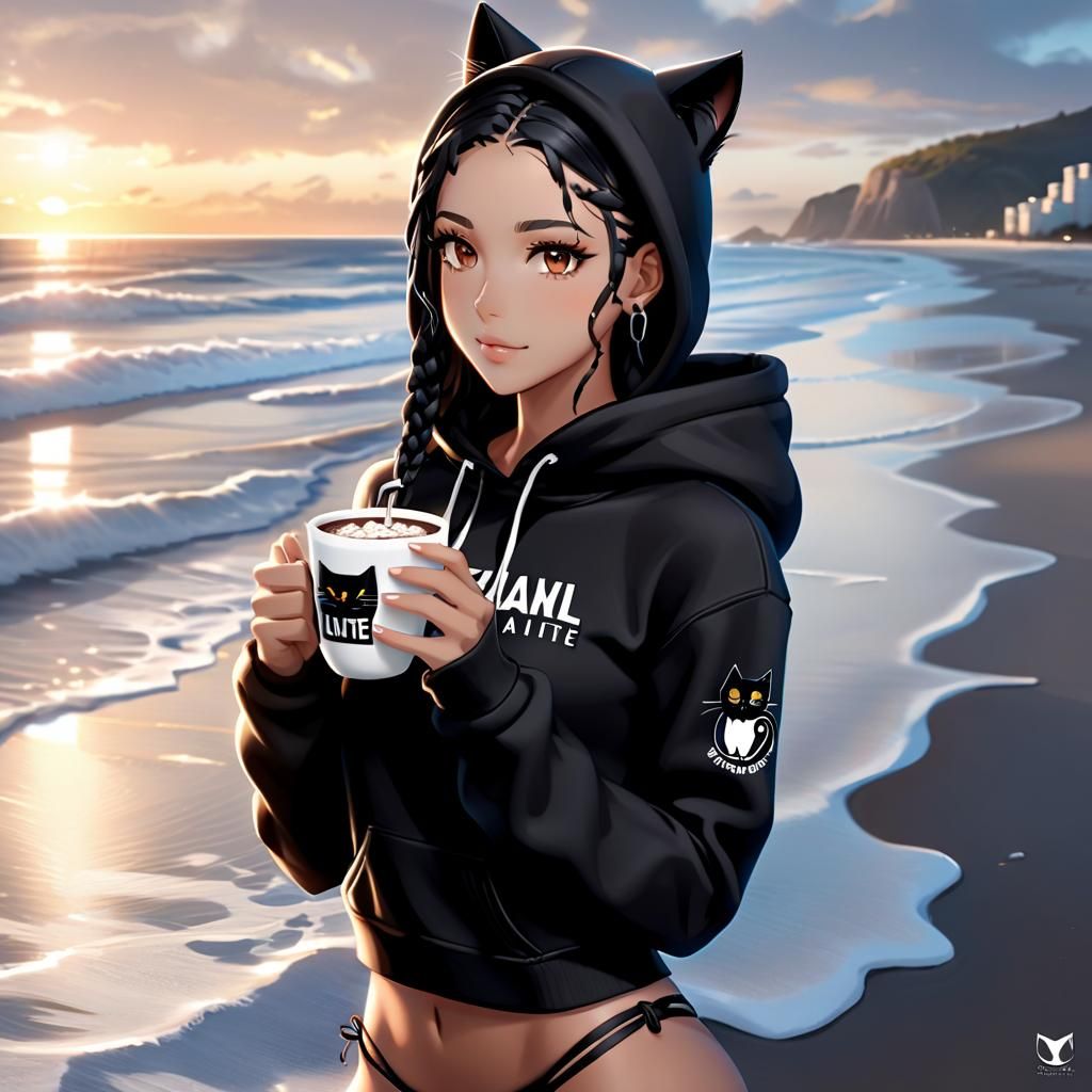 Kuro Neko enjoying hot chocolate on the beach