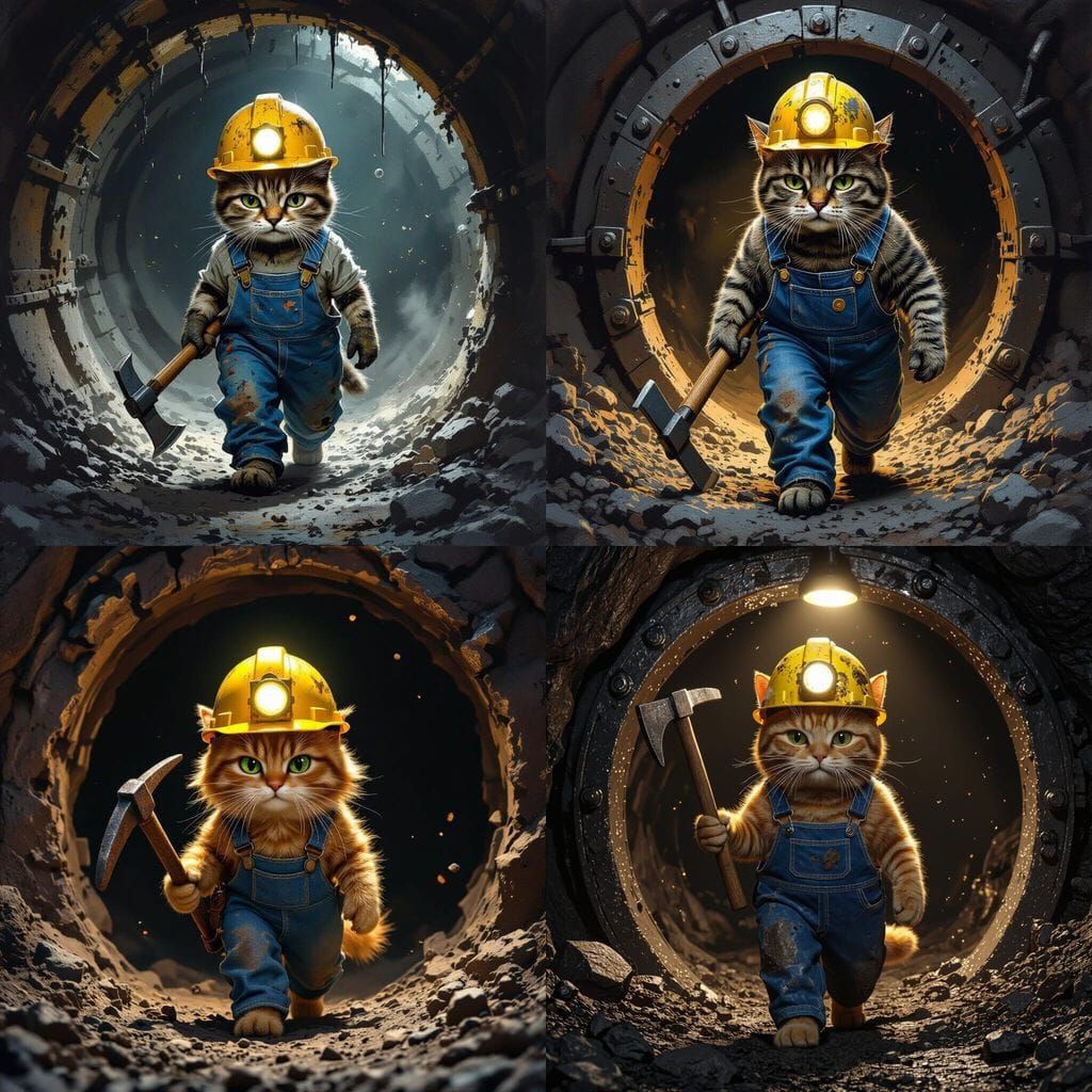 Miner Cat Emerges From Mine With Pickaxe and Hard Hat