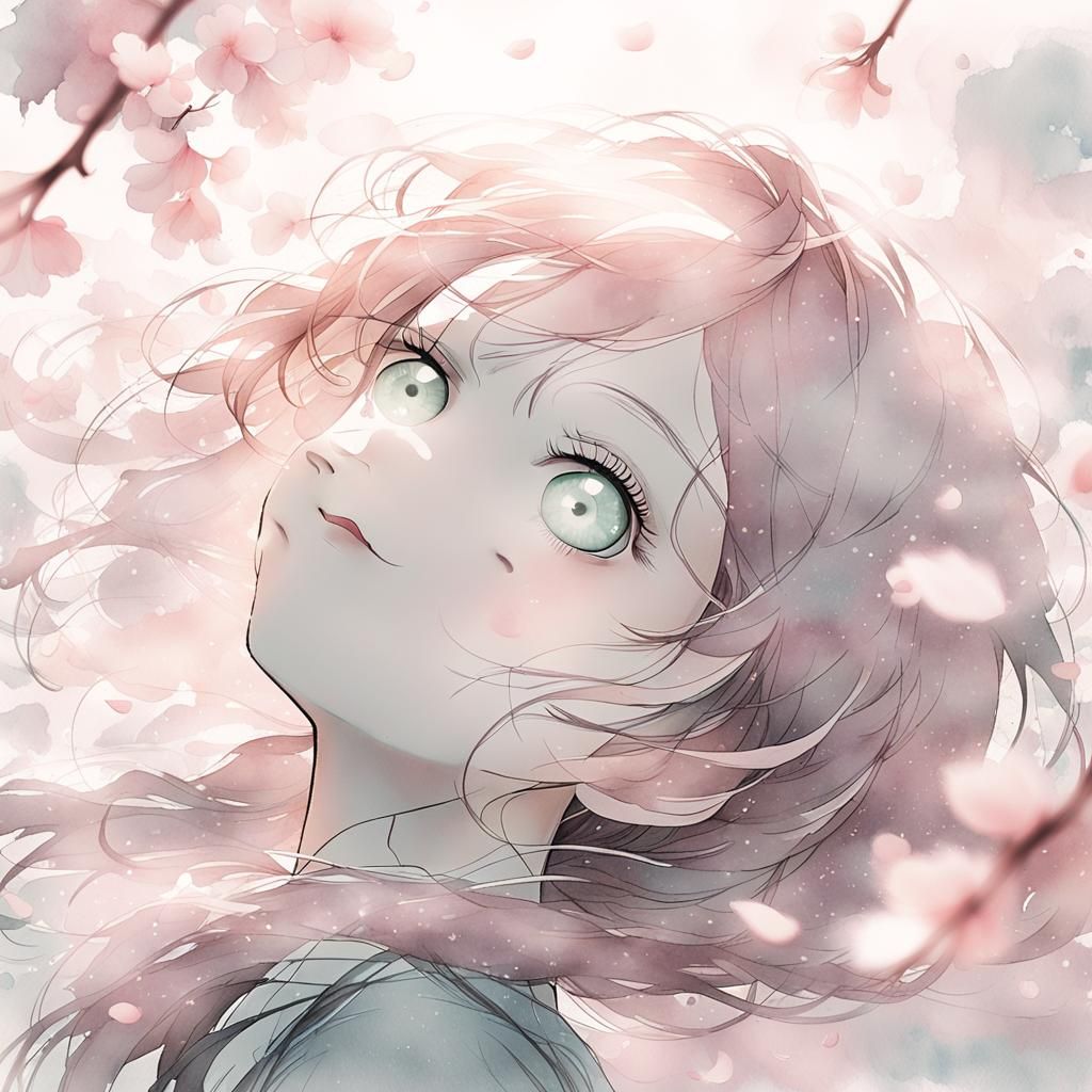 Gentle Anime Girl Portrait in Watercolor Style