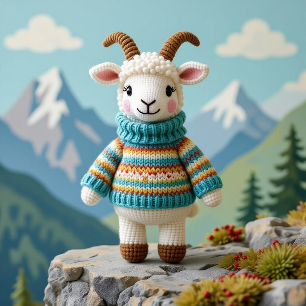 Crocheted Mountain Goat on Cliff in Folk Art Style