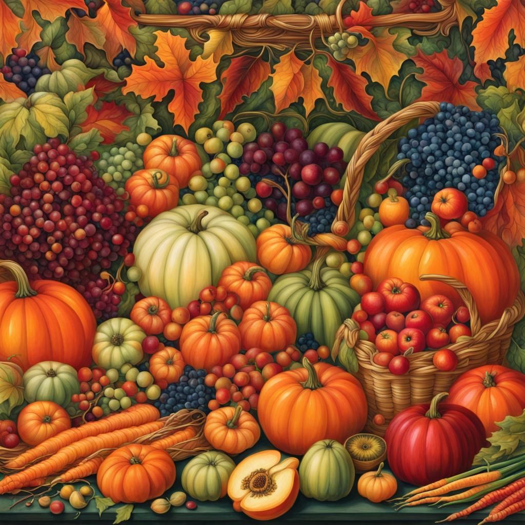 Illuminated Manuscript Style Fall Harvest Bounty