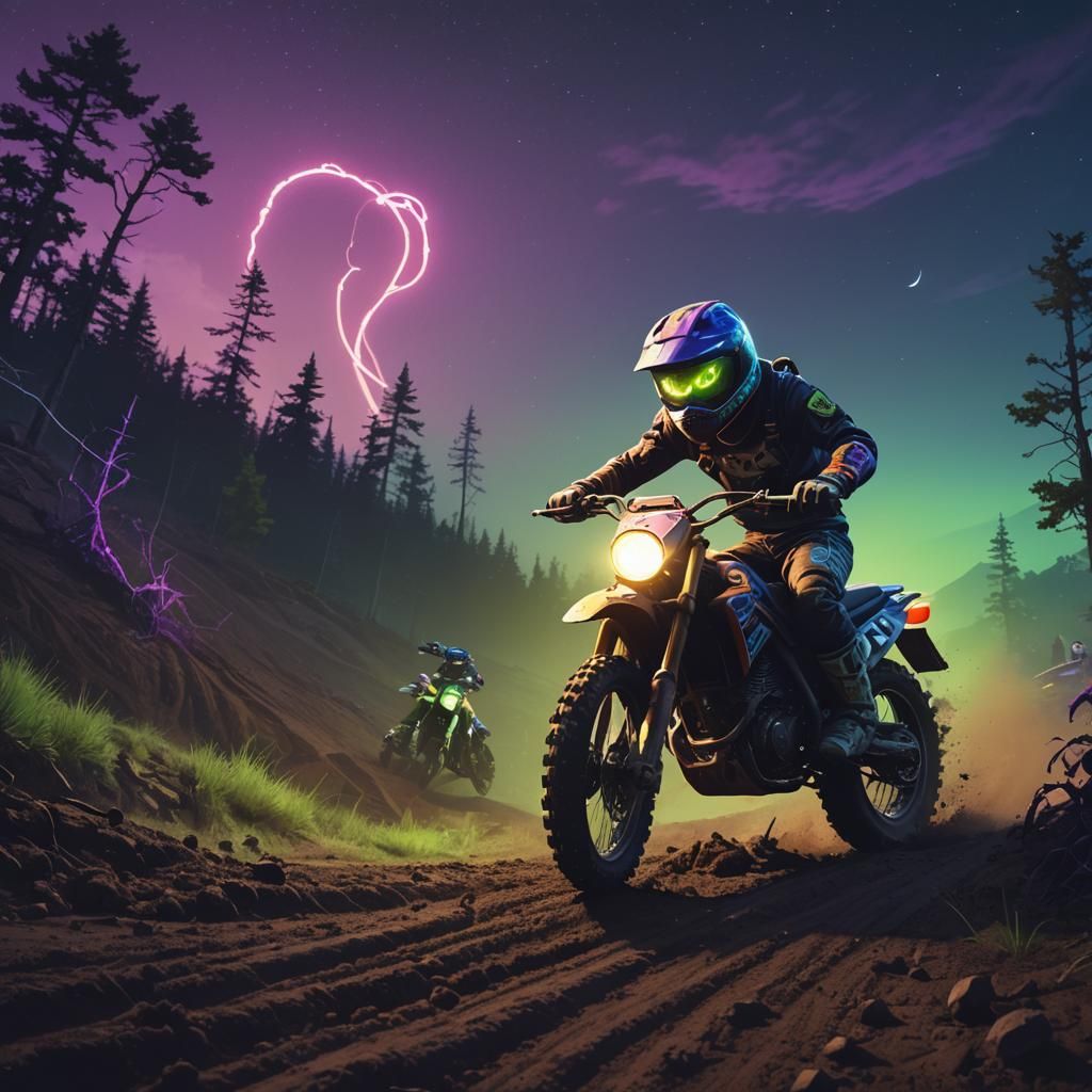 Cat on Glowing Dirt Bike in Neon Motocross Race
