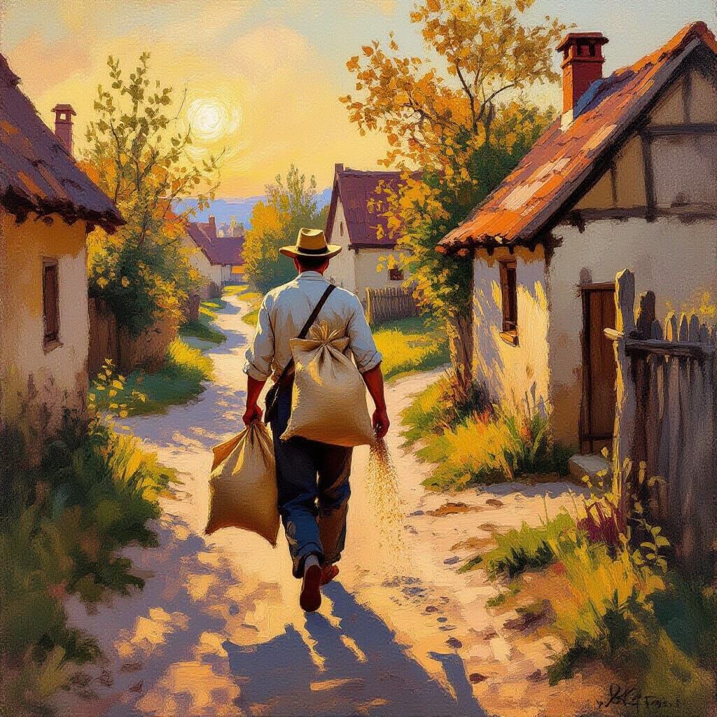 Impressionist Scene of Grześ Carrying Sand Through Village