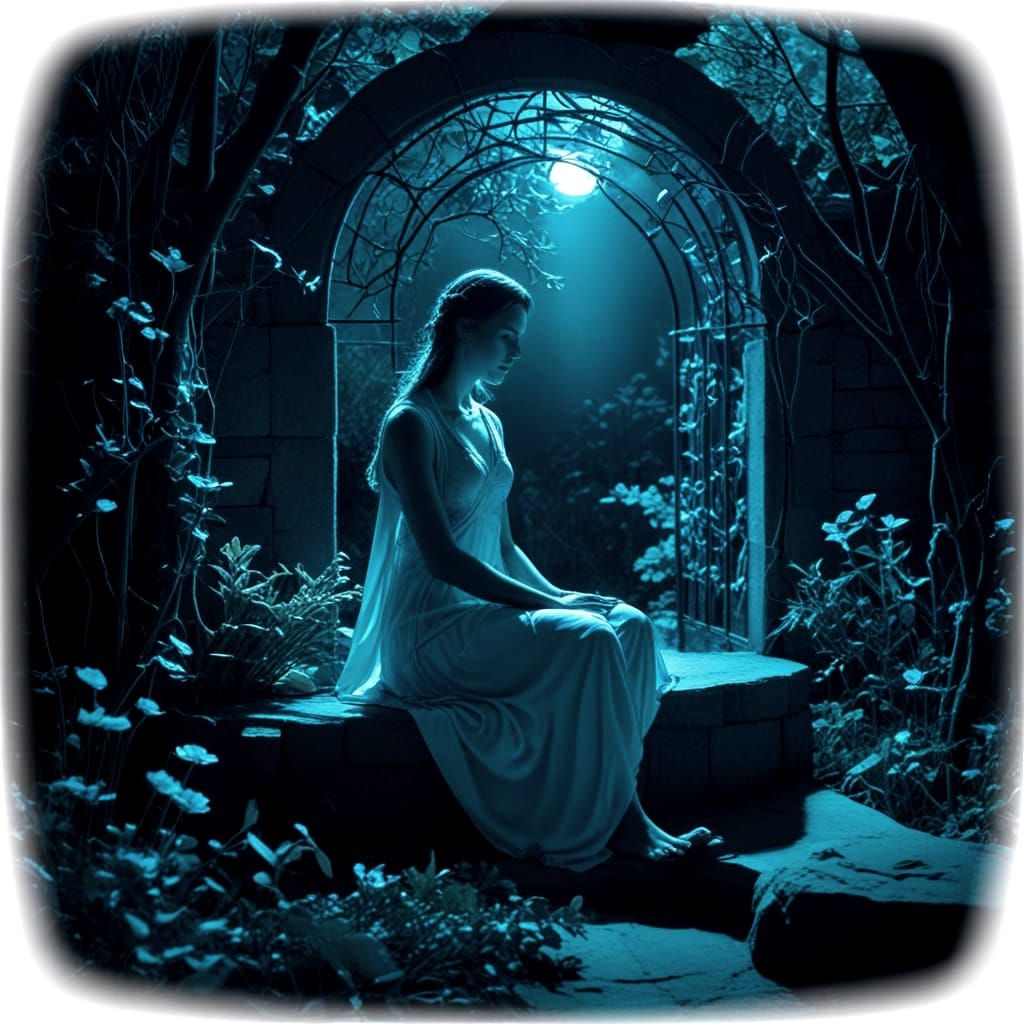 Angel in a Blue-Toned Secluded Garden