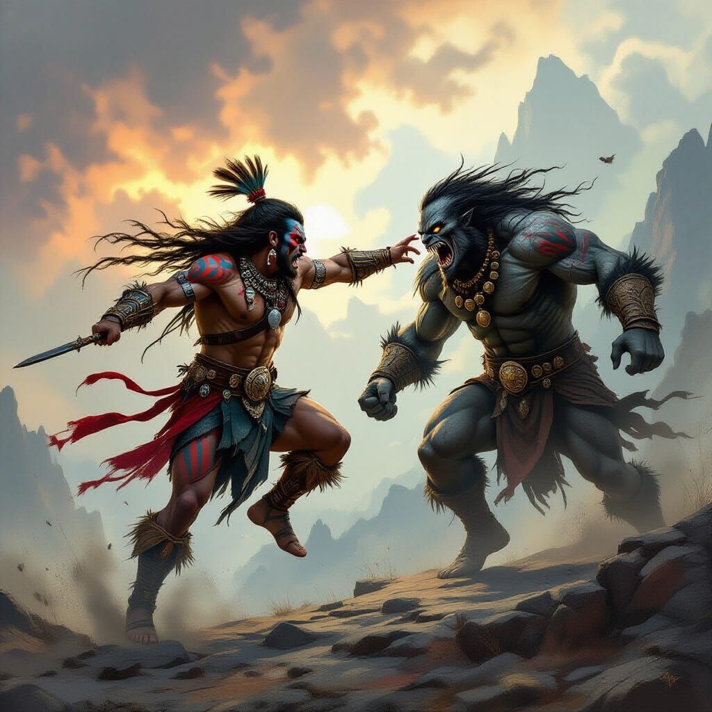 Tribal Warrior Battles Monster on Rocky Outcrop