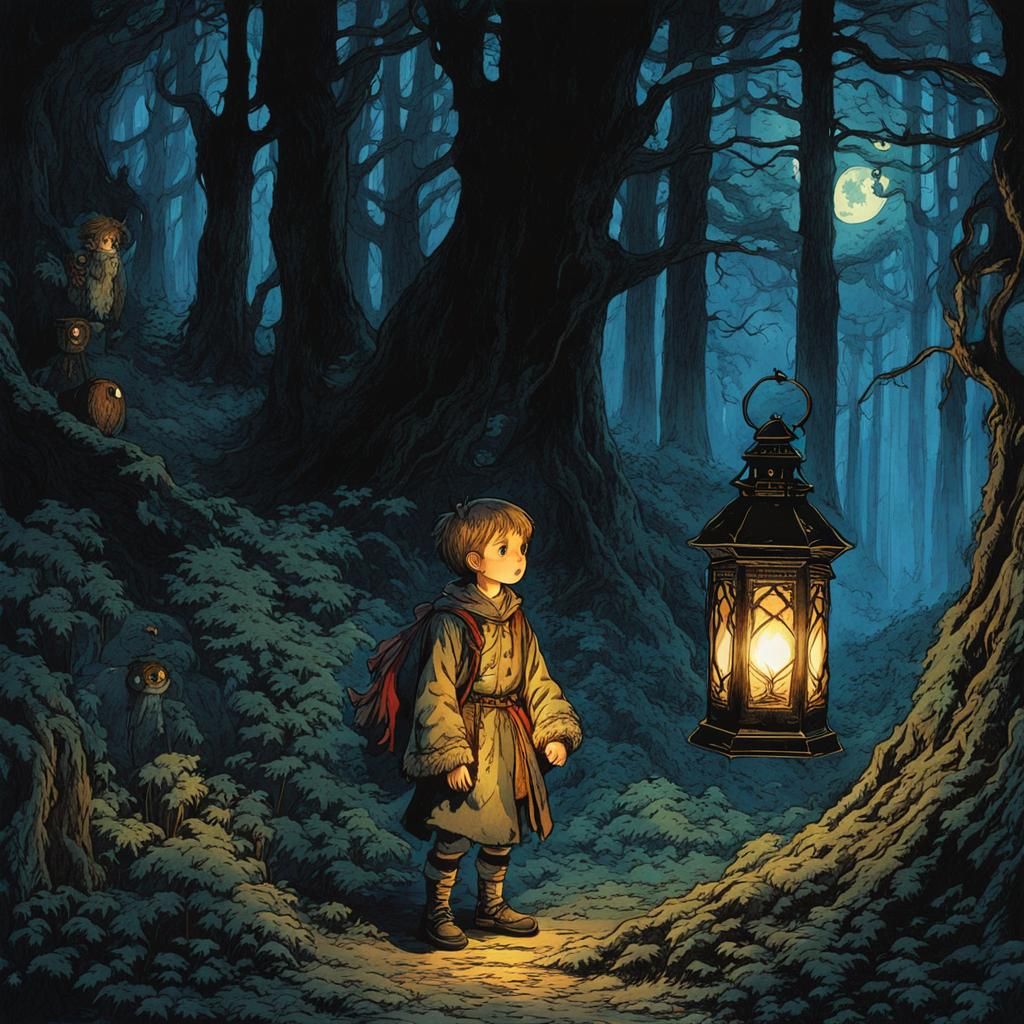 Terrified Child with Lantern in Dark Fantasy Forest
