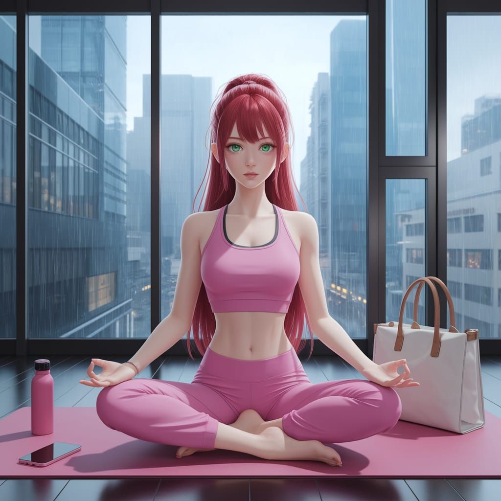 Japanese Woman in Yoga Studio, Anime Style