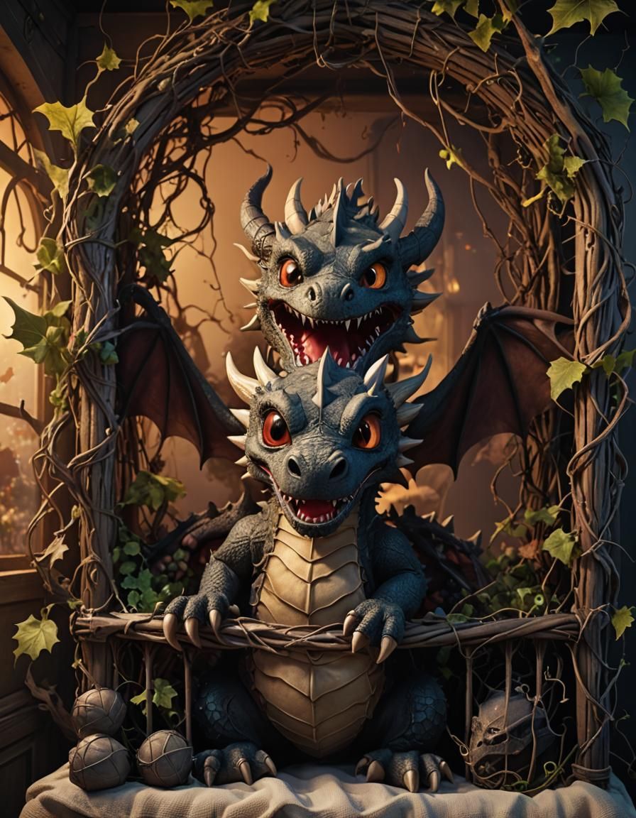 Fierce Dragon Stuffed Animal in Dark Crib