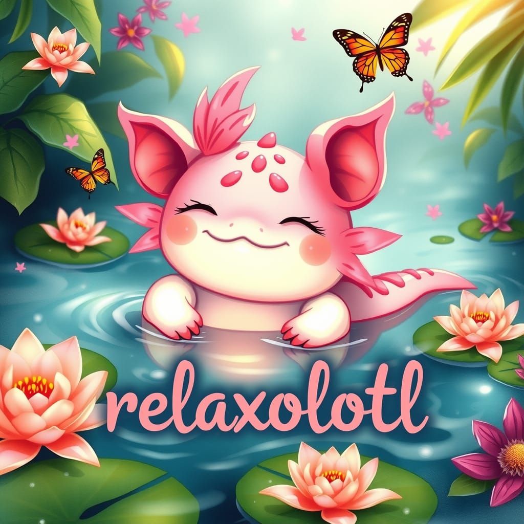 Surreal Axolotl Basks in Whimsical Lagoon Paradise