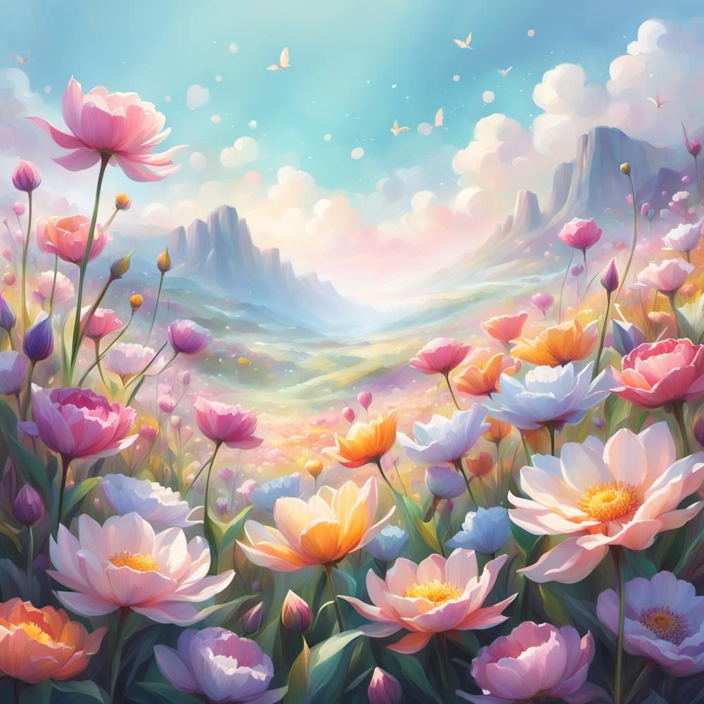Majestic Flower Field Digital Art in Pastel Colors