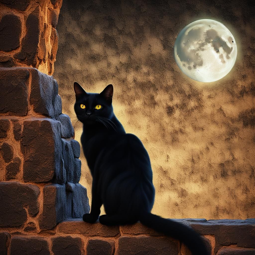 Black Cat Hunting Under Full Moon: Hyperrealistic Digital Ar...