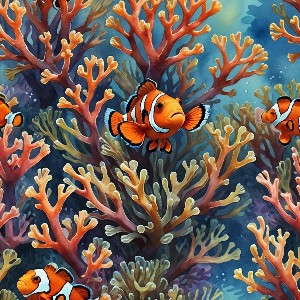 Clownfish in Coral: Watercolor Impasto Painting
