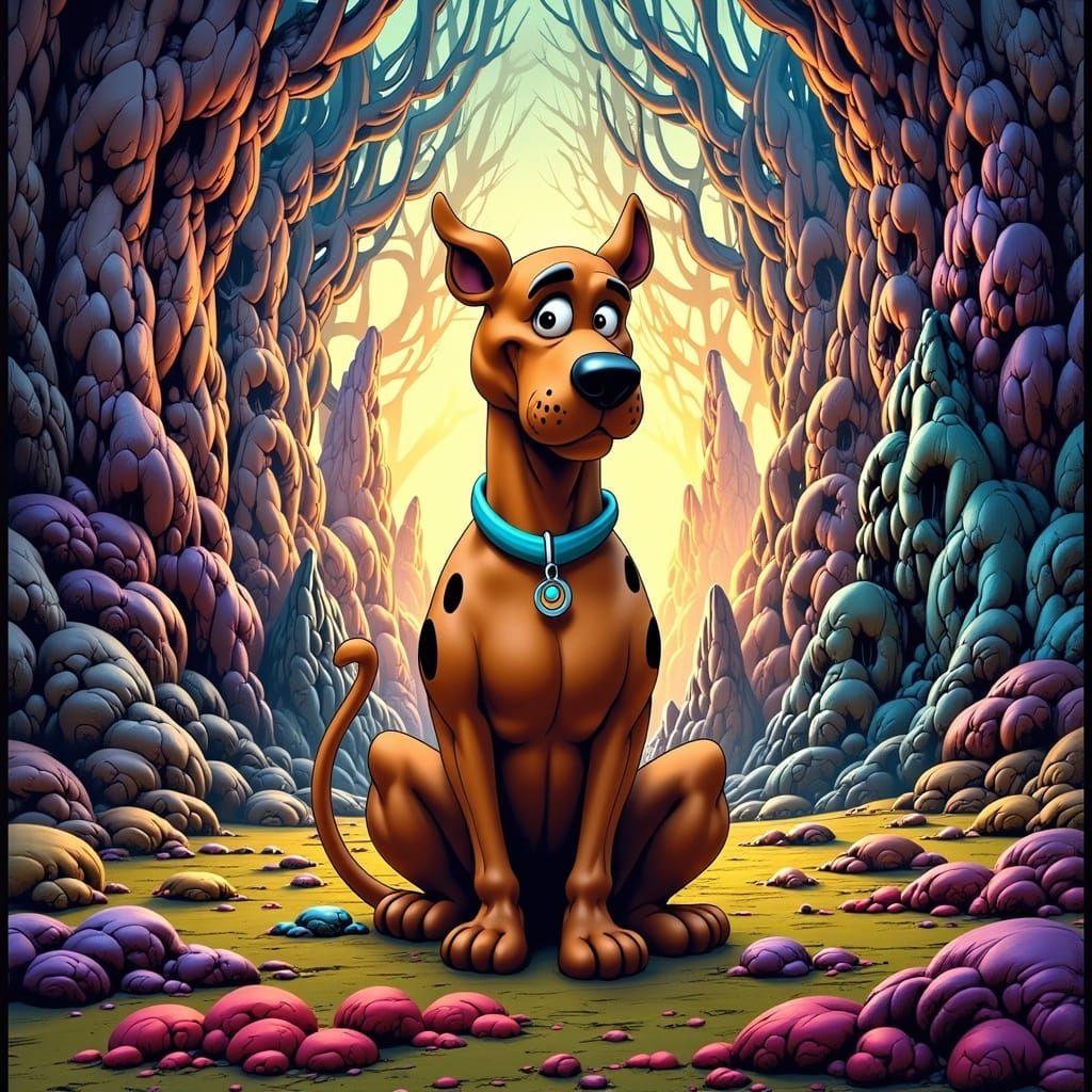 Scooby-Doo in a Dreamlike Psychedelic Landscape