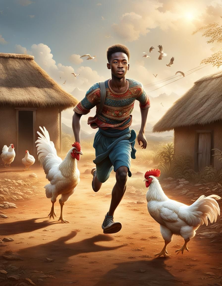 African Man Chasing Rooster on a Sunny Day