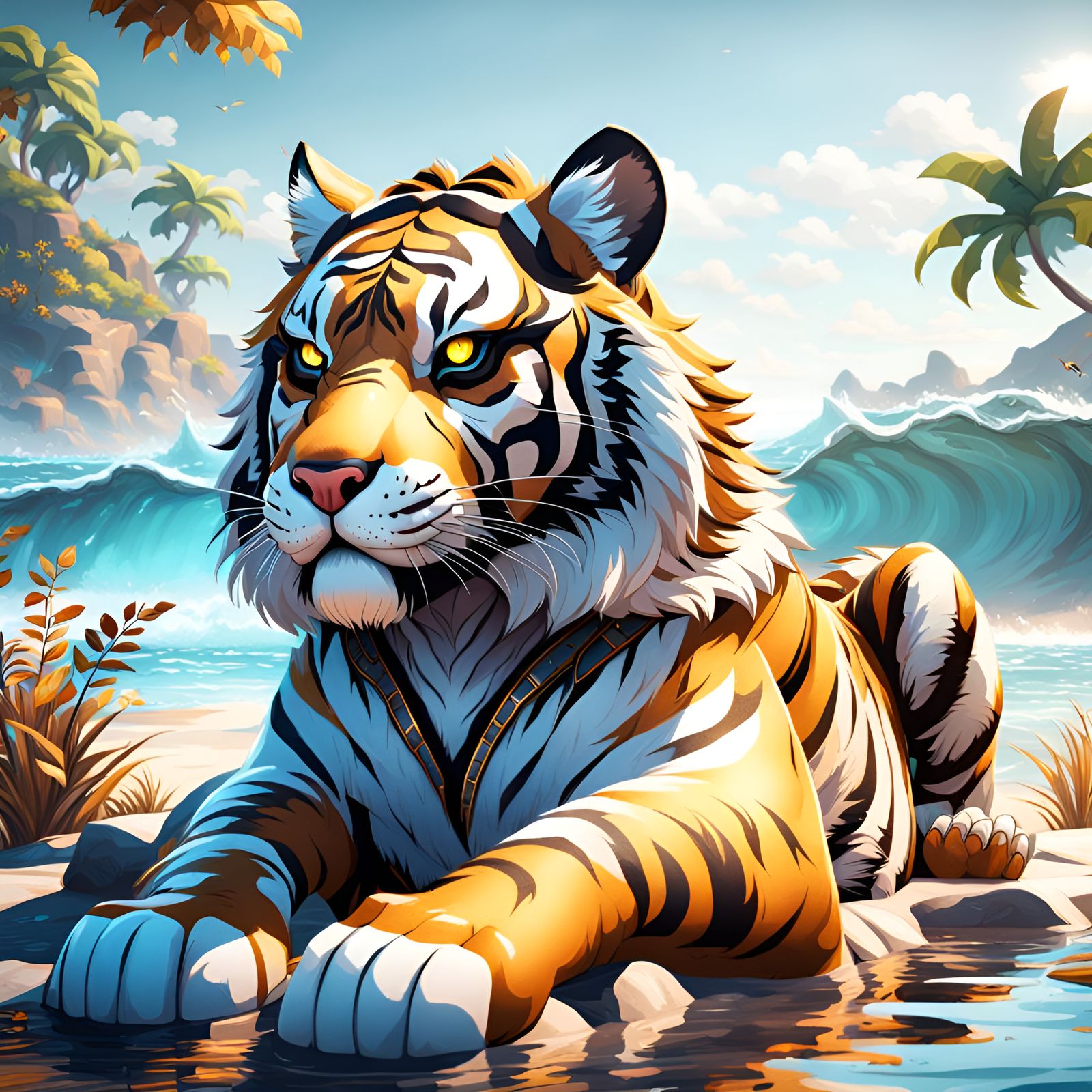 Tiger on Ocean Shore: Fantasy Concept Art