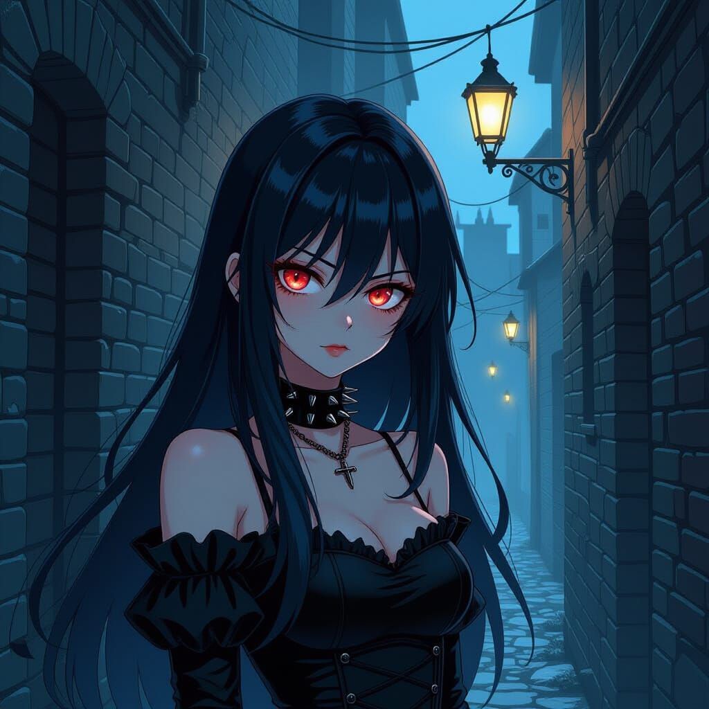 Gothic Anime Girl Raven in Dark Alleyway