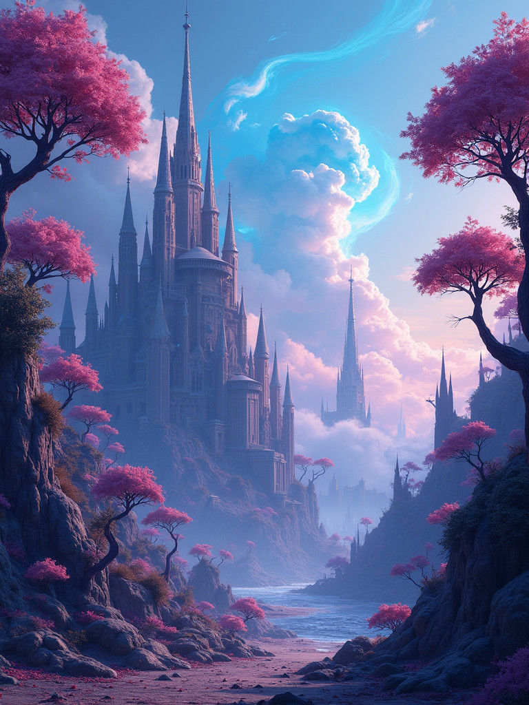 Dreamlike Fantasy Realm with Spires and Ancient Trees